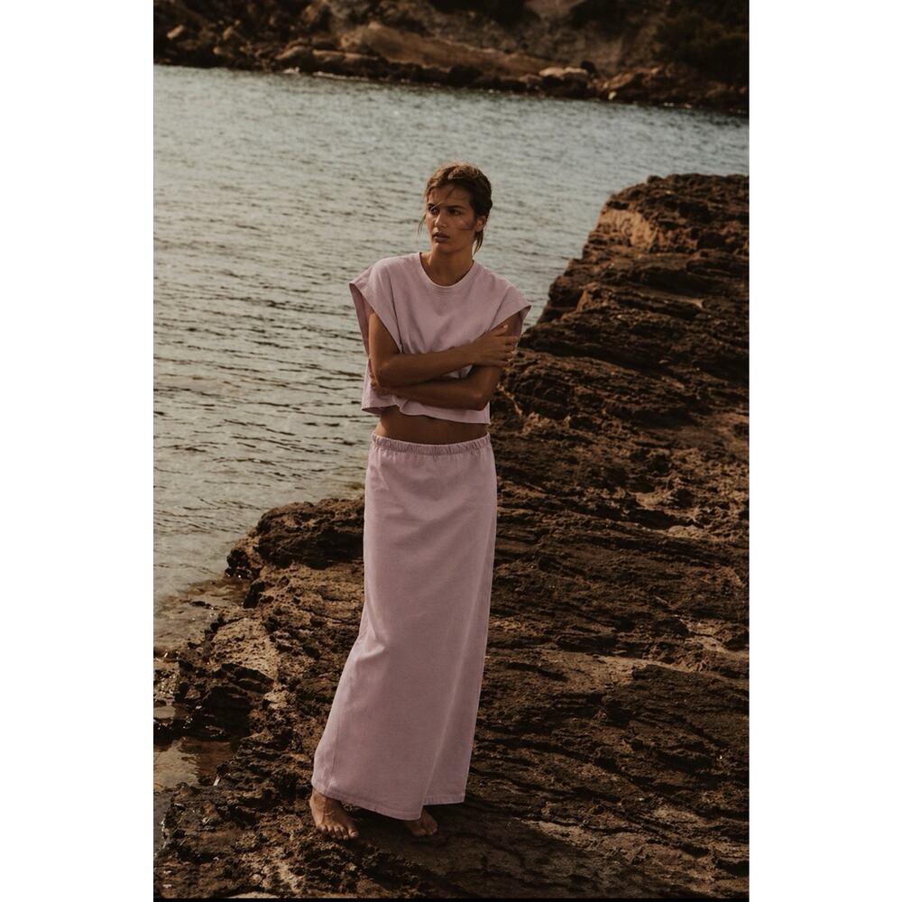 ZARA Washed Effect Heavy Cotton Skirt & Shirt Set in Pastel Mauve Size Medium